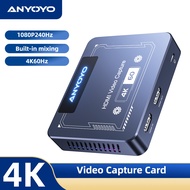 ANYOYO HDMI 4K HDR Game Live Capture Card 4K Input 4K@60HZ,2K@120HZ,1080P@240HZ Output USB3.0 Audio Video Record DSLR Camera Action Cam Camcorder Stream Gaming