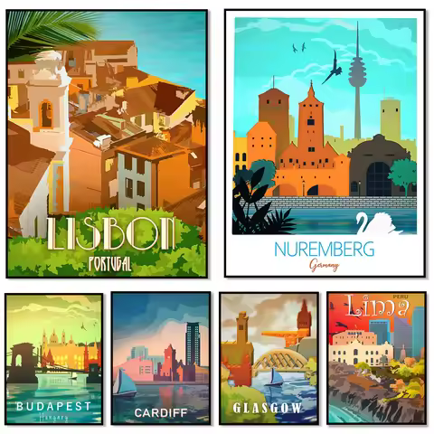 Travel posters with skylines of Toronto, Lisbon, Lima Peru, Leeds, Budapest, Dublin Ireland, Cardiff