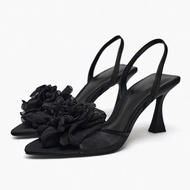 Zara Spanish Women's Shoes 2023 Winter New Products Women's Shoes Black Flower Decoration Mesh Fashion Women's Sandals