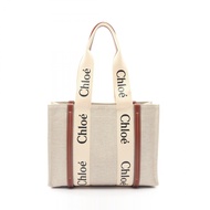 【二手】Chloe Chloe中型托特包 CHC22AS383I2690U 象牙色/ブラウン/黑色帆布皮革 Woody 中號女士