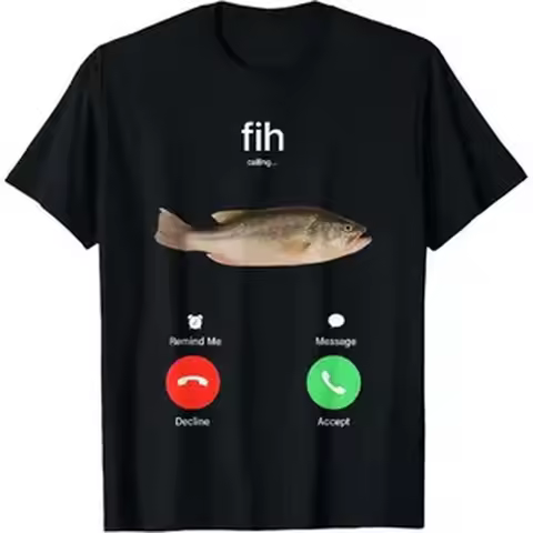 100% Cotton Fih Calling Remind Me Message Decline Accept Phone Call Fish T-Shirt Fit Casual Streetwe