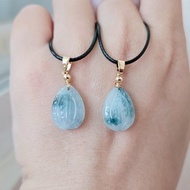 【親翠】天然翡翠 冰牛仔藍飄花杏仁果14K金皮繩鎖骨鏈　特殊題材