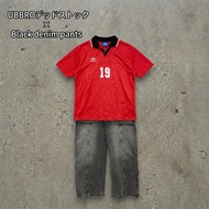 【出售套裝】 UMBRO & ZARA 短袖比賽服（全新庫存），黑色牛仔褲（趣味設計），紅/黑配色，L碼（古著）