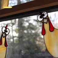 【yves_service】Funny Window Corner Decor - Peeping Rooster, Funny Rooster Stained Bird Window Corner 