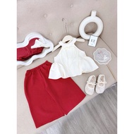 LT03 Set áo cổ yếm cúc tàu dây nơ kèm quần lụa cho bé gái mặc trung thu