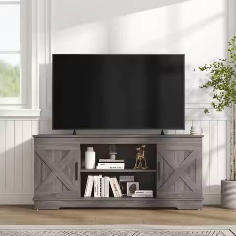 JHK 58IN Wooden TV Stand For Up To 65 Inch TV Double Door Cabinet Entertainment Center Media Console