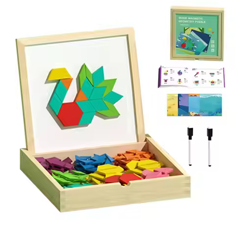 Magnetic Wooden Pattern Blocks Set STEMs Geometry Learning Toys For Kids 4-8, Educational Puzzle Wit