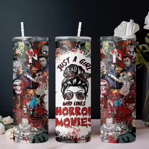20oz straw water bottle, stainless steel insulated water bottle with a collage pattern of horror mov