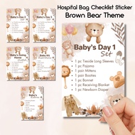 BROWN BEAR THEME - Hospital Bag Checklist Sticker for Ziplock