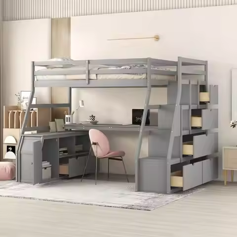 Twin Size Loft Bed With Desk And Stairs, Wooden Twin Loft Bed With 7 Drawers And 2 Shelves,Loft Bed 