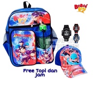 Boboiboy 3 In 1 Bag - Backpack+Hat+BOBOIBOY Motif Children's Watch, BOBOIBOY Boys School Bag