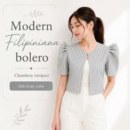 Modern Filipiniana Chambrry Stripes Bolero Blazer For Women Elegant Puff Sleeve