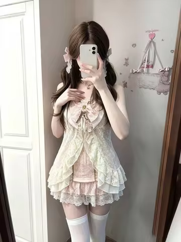 Cute Y2K Lolita 3 Piece Set Women Japanese Lace Cardigan Casual Vest High Waist Y2k Mini Skirt Lolit