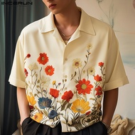 INCERUN Mens Casual Lapel Button Up Shirts Vintage Floral Print Short Sleeved Shirt Hawaiian Beach P