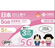 中國聯通日本5日上網卡 (5+3GB)