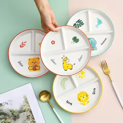 Divider Plate Ceramic Dish Serving Platter Children's Tableware Cartoon Ceramic Grid Plate for One P