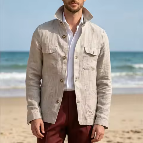 Men's Linen Safari Jacket Vintage Stand Collar Breathable Multi-Pocket Lightweight Casual Blazer Cot