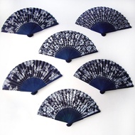 Wuzhen Handmade Female Fan Folding Fan Bamboo Fan Blue Printed Cloth Fan Blue Cloth Dance Fan Chines