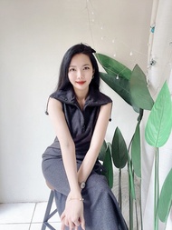 象灰拉鍊立領單口袋文藝少女 古董棉質中磅洋裝連衣裙 vintage