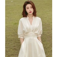 summer beige white dress for woman plus size v neck puff sleeve formal midi dress for wedding ninang