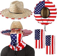 4 Pcs Independence Day USA Sun Straw Hat and Cooling Neck Gaiter Face Mask Set American Flag Hat Straw Beach Hat America Sweat Wicking Neck Gaiter for Men and Women UV Sun Protection