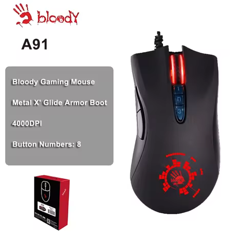 A4TECH Bloody A91 Gaming Mouse,4000 DPI,Drag Click,1000HZ,6666FPS,8 Buttons,Metal X' Glide Armor Boo