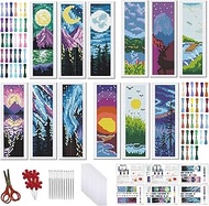 FREEBLOSS 12Pcs Cross Stitch Bookmark Kit for Adult Beginners Beautiful Landscape Pattern Stamped Em