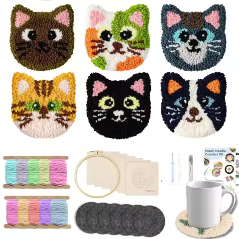 6pcs Cat Punch Needle Embroidery Coaster Set For Adult Punch Needle Embroidery Set Animal Tufting Co