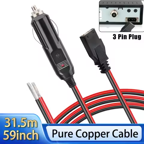 CB Radio Power Cord 3Pin Plug Cable 2-Wire 15A Radio Accessories with 12V Cigarette Lighter for 880F