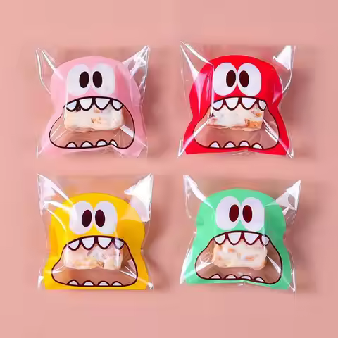 100PCS Cute Cartoon Monster Cookie Candy Self-Adhesive Plastic Cookie Bags Supplies Christmas Packag
