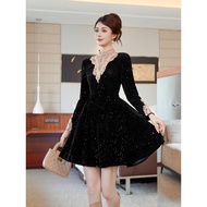 IBUY💗 Miu Series Hepburn Style Puffy Dress - Retro Gold Velvet