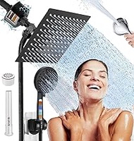 8 Inch Matte Black Shower Head with Handheld Shower Head Combo Dual Filtering Shower Head with Hand Held Spray Built-in Power Wash Rain Showerhead with Filter for Hard Water + Extra Filter Cartridges