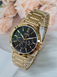 Win Watch Shop Casio รุ่น MTP-V300G-1A นาฬิกาข้อมือผู้ชายสายสแตนเลสสีทอง หน้าปัดสีดำ ของแท้ 100% รับประกันสินค้า 1 ปีเต็ม