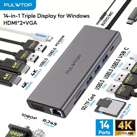 PULWTOP 14 in 1 USB C Docking Station Dual Monitor, USB C Hub Multiport Adapter for MacBook, Dell, H