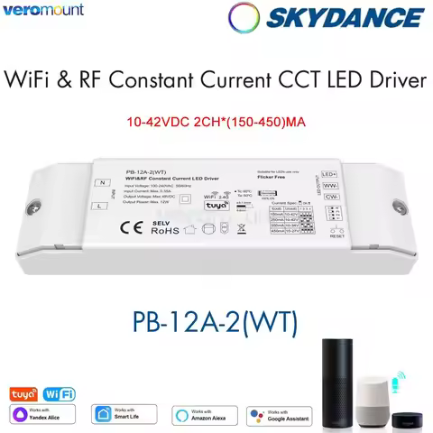 Skydance 10-42V DC 2CH*(150-450)mA 12W WiFi Tuya APP & 2.4G RF Wireless CCT Constant Current LED Dri