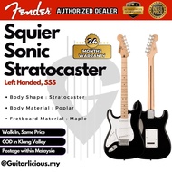 Squier Sonic Stratocaster Left-Handed SSS Electric Guitar with White Pickguard &amp; Tremolo , Maple FB -  Black