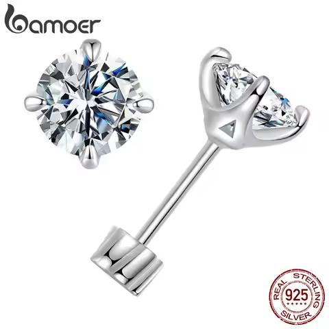 BAMOER Classic Moissanite Earrings, 925 Silver Brilliant 4 Prongs Round Cut Lab Created Diamond Wedd