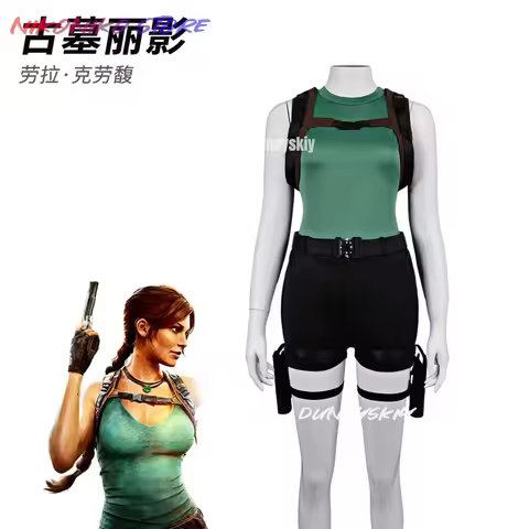 ♠♣♥Lara Croft Cosplay Costume Full Set Green Tank Top Black Shorts with Harness Belt Halloween Adven