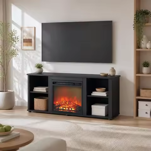 TV Stand for up to 50 Inch TV with Built-in Fireplace, Entertainment Center in Americano Finish, Ide