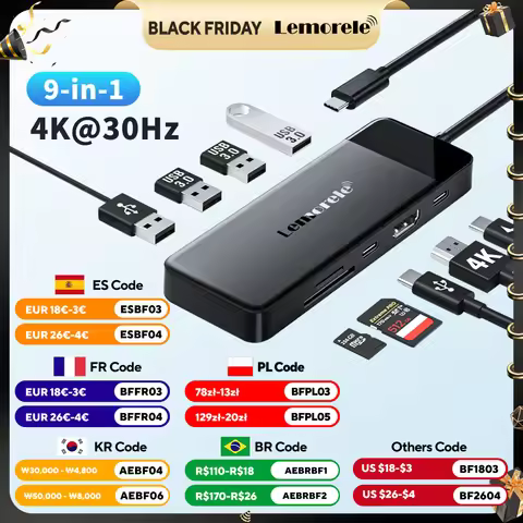 Lemorele TC92 9 Ports USB C Hub USB Type C Docking Station 4K30Hz PD 100W USB 3.0 Adapter For Macboo