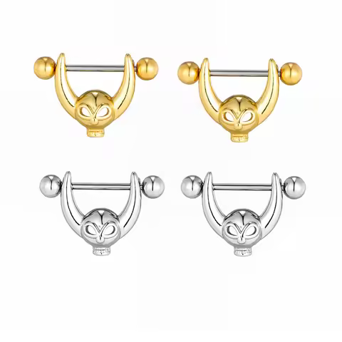 2pc Viking Bull Skull Nipple Rings 1.2mm 16G Titanium Straight Barbells Body Piercing Ring for Men W