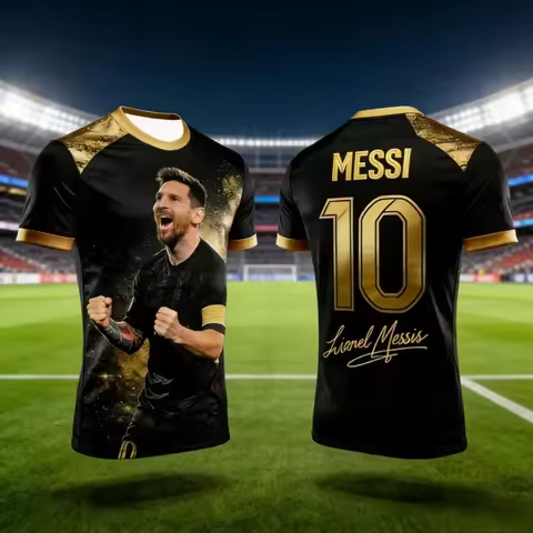 Inter Miami Hip Hop Streetwear Messi No.10 Black Gold Sparkle Soccer Jersey 3D All Over Print Breath