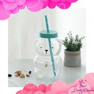❈△☎Lovely Poison Bear Glass with Straw and Lid Cute Gift Coffee Mug 420ml Glass Jar Mug
