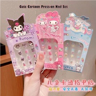 Kids 12pcs Cute Sanrio press-on Nail set self-adhesive artificial nail stickers children makeup toy 