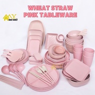 【Ready Stock】 粉色餐具 Pink Tableware Plate Bowl Spoon Chopstick Pure Wheat Plate Wheat Bowl Plastic Pla