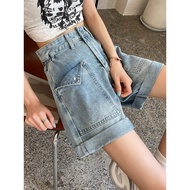 2025 text flip pocket design denim shorts women's high waist American hot girl loose2025年文字文字翻边口袋设计牛