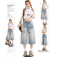 MZVZ | Cat Embroidery Denim Capri Pants for Women