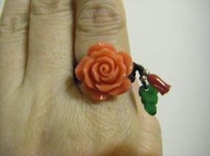 天然吉祥富貴 粉紅珊瑚玫瑰雕花 戒指 串藏銀 鐵籠生 紅珊瑚 黑玉瓍 ~~ 花開富貴 招來好運 ~~