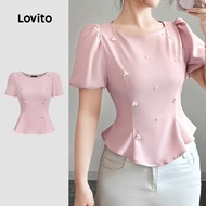 Lovito Elegant Blouse Pearls Spring and Summer Pink Blouse for Women LK3ED098 Lovito Blaus Elegan Mu