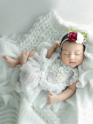 2入組嬰兒女孩心形攝影造型服飾,刺繡蕾絲拼接網眼連體襯衫和髮帶套裝